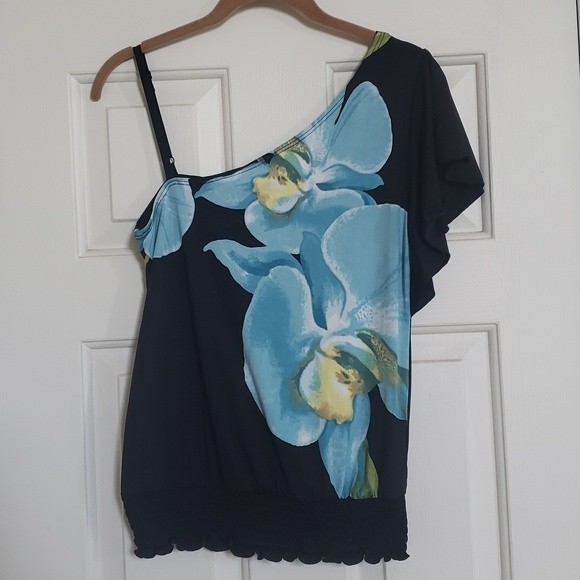 Vintage 90s Y2K One Shoulder Top Blouse Black Teal Bold Flower - Picture 3 of 11